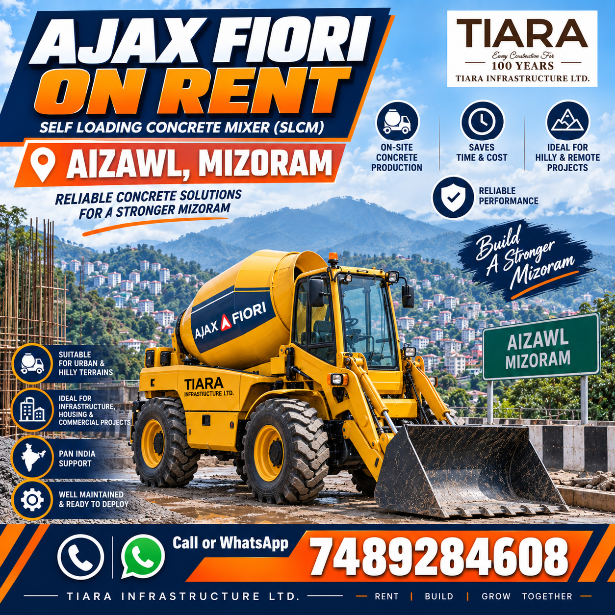 Ajax Fiori self-loading concrete mixer available for rental enquiries in Aizawl, Mizoram