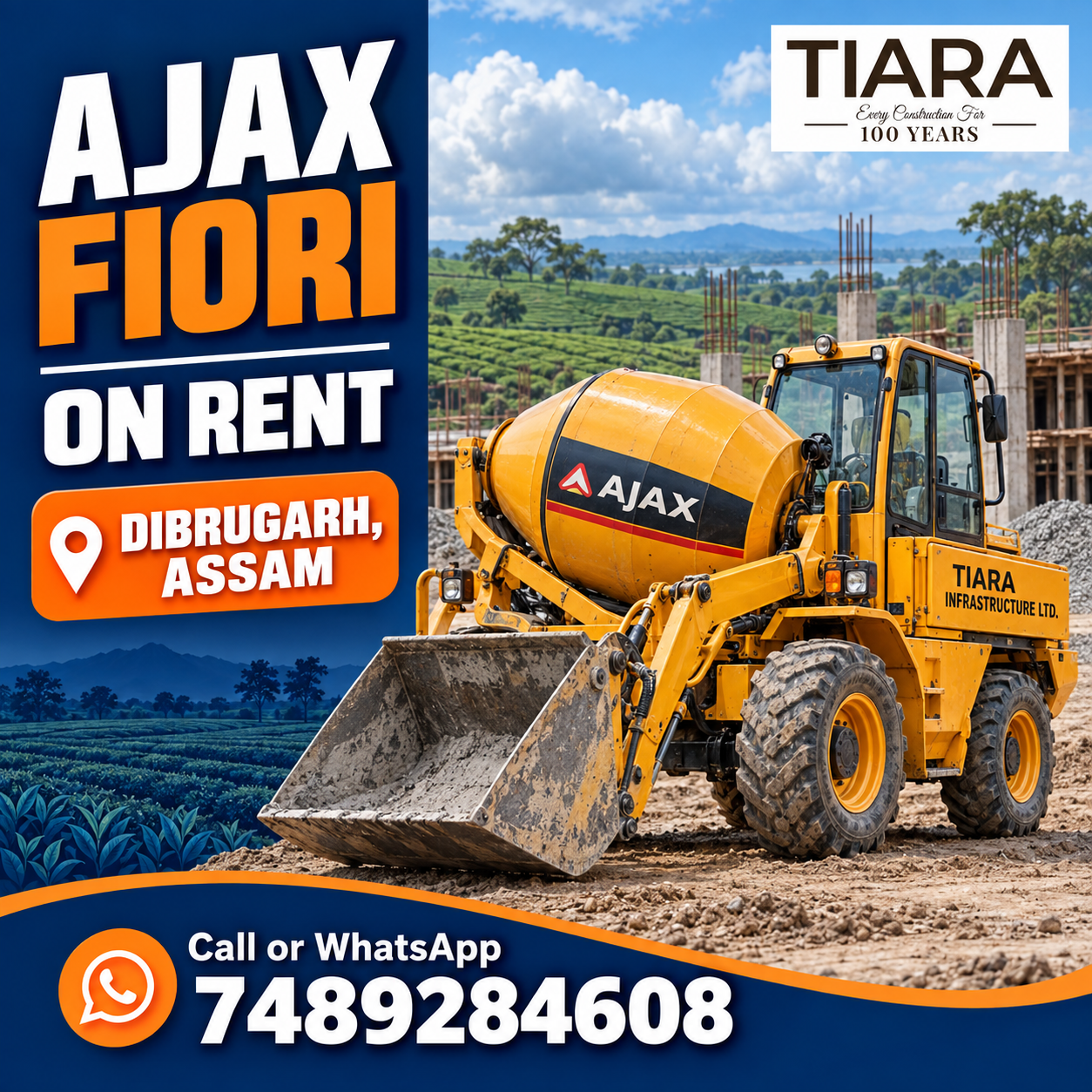 Ajax Fiori self-loading concrete mixer available for rental enquiries in Dibrugarh, Assam