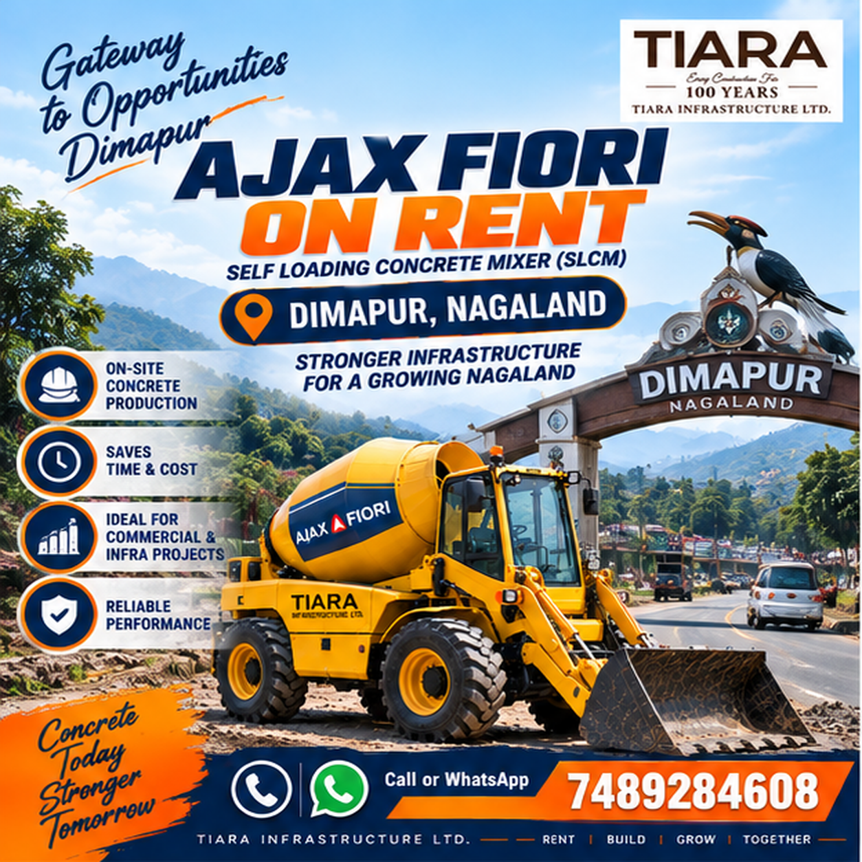 Ajax Fiori self-loading concrete mixer available for rental enquiries in Dimapur, Nagaland