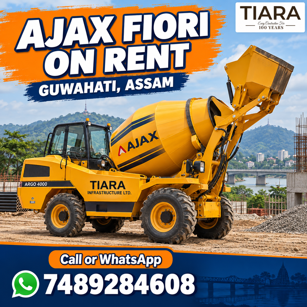 Ajax Fiori self-loading concrete mixer available for rental enquiries in Guwahati, Assam