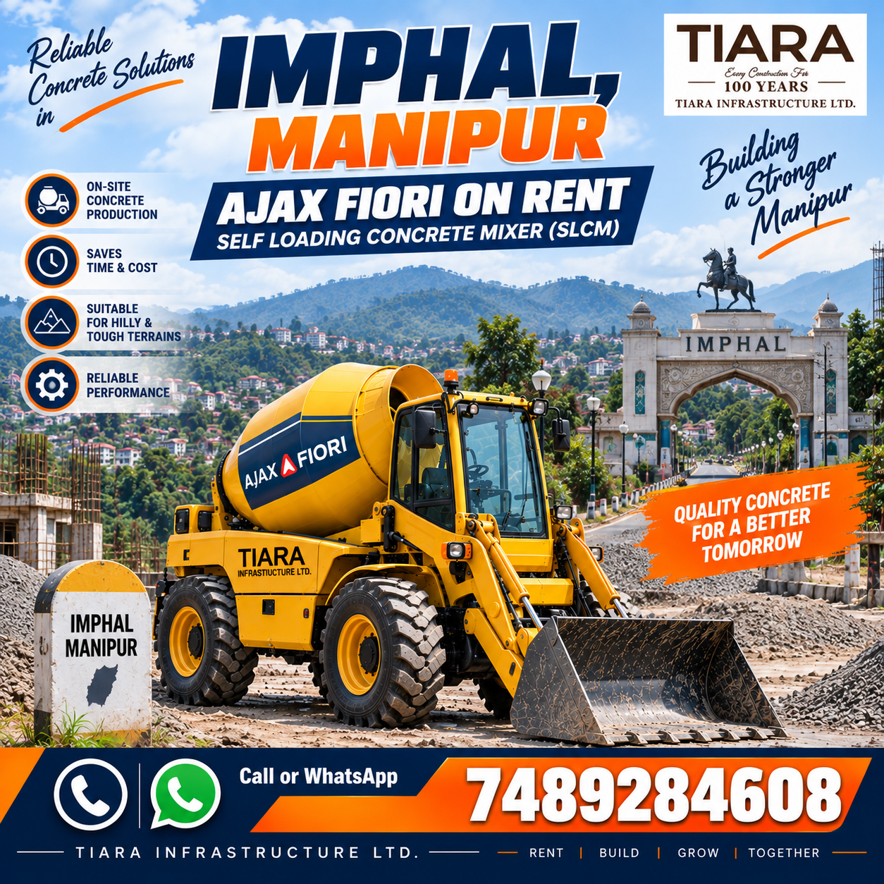 Ajax Fiori self-loading concrete mixer available for rental enquiries in Imphal, Manipur