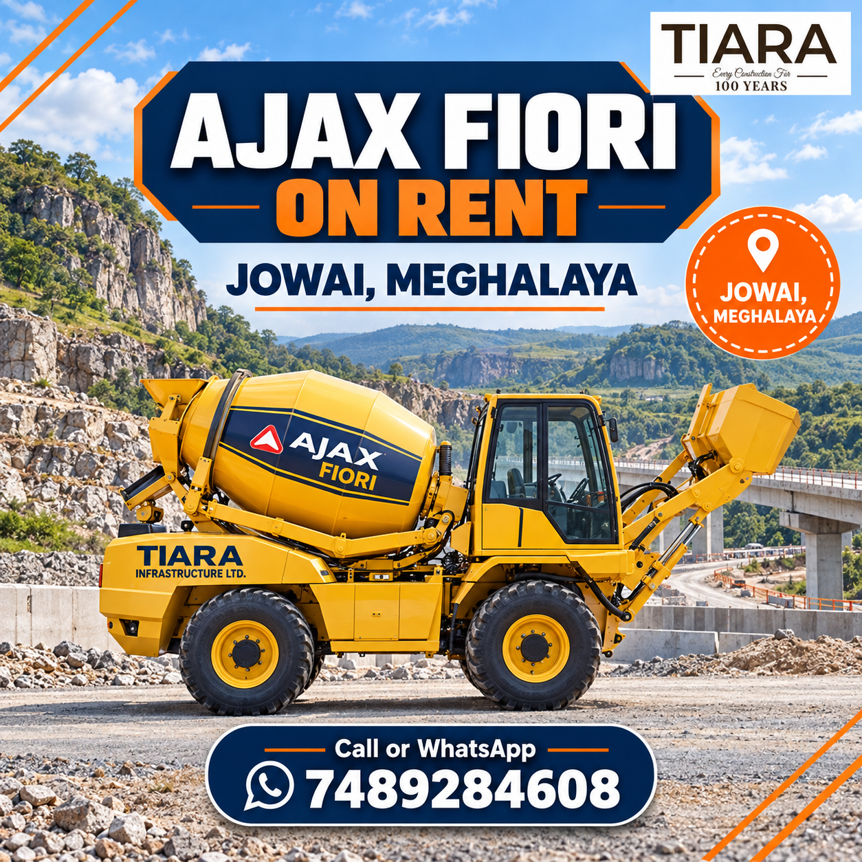 Ajax Fiori self-loading concrete mixer available for rental enquiries in Jowai, Meghalaya