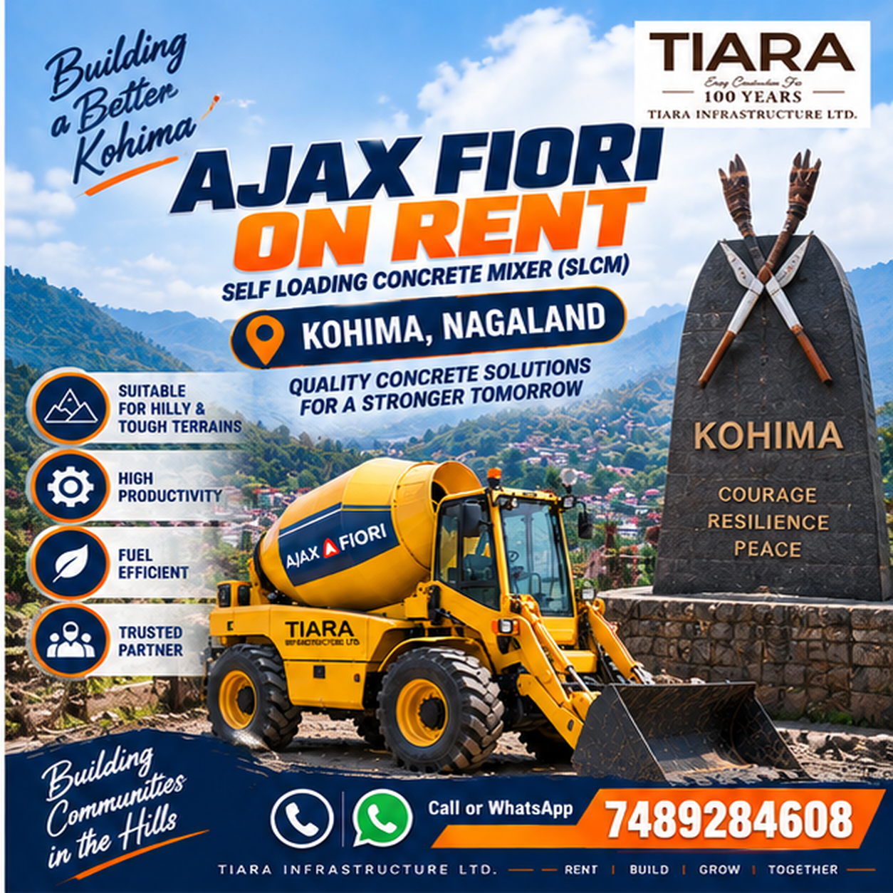 Ajax Fiori self-loading concrete mixer available for rental enquiries in Kohima, Nagaland