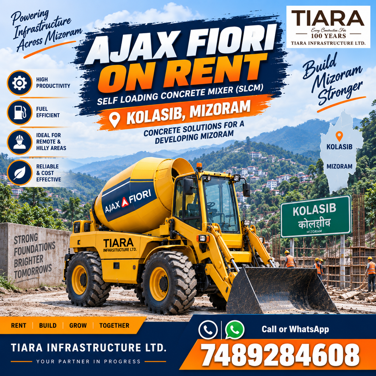 Ajax Fiori self-loading concrete mixer available for rental enquiries in Kolasib, Mizoram