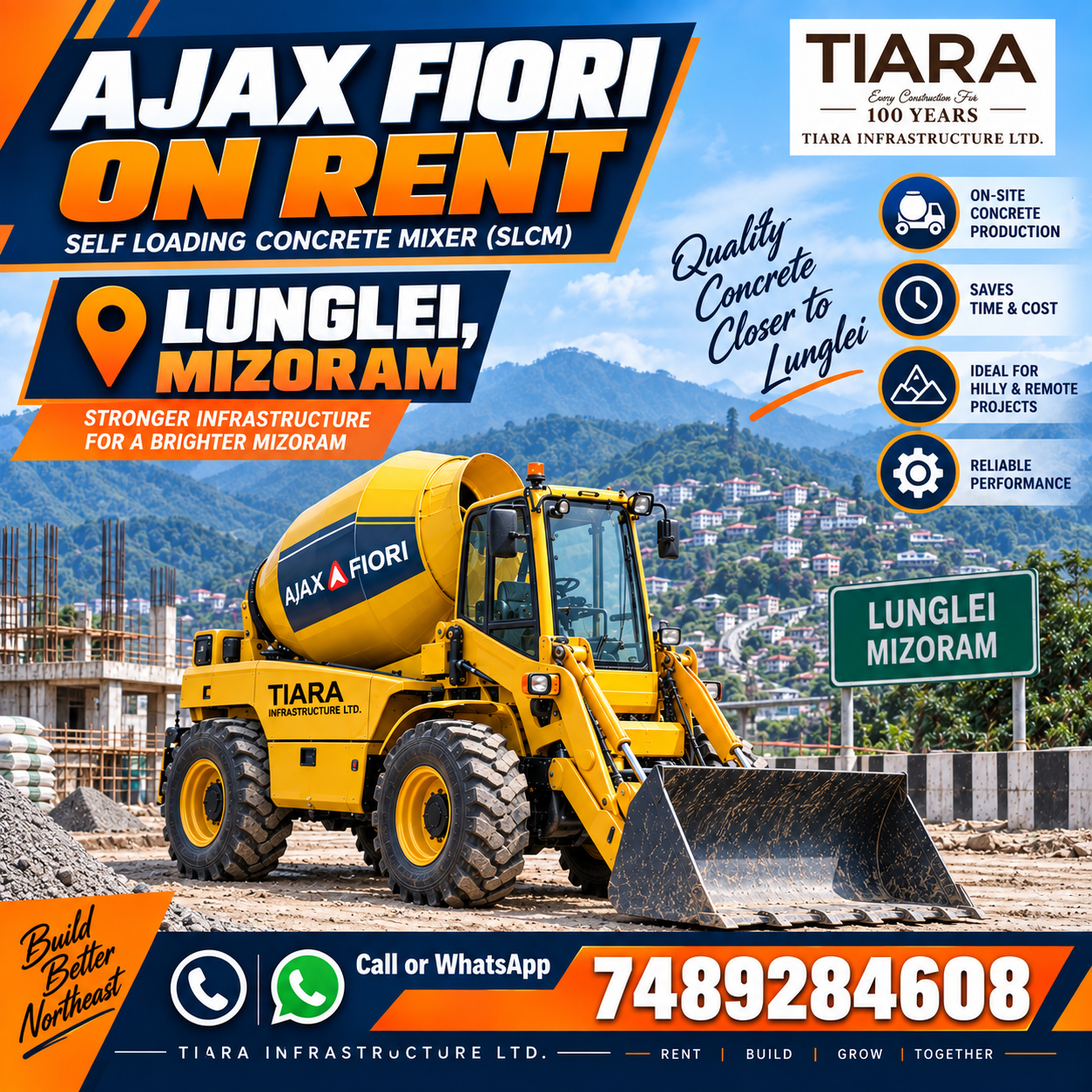 Ajax Fiori self-loading concrete mixer available for rental enquiries in Lunglei, Mizoram