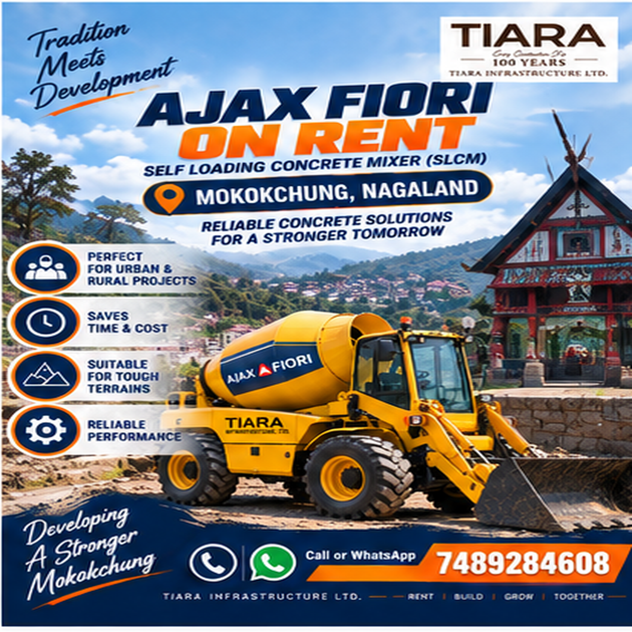 Ajax Fiori self-loading concrete mixer available for rental enquiries in Mokokchung, Nagaland