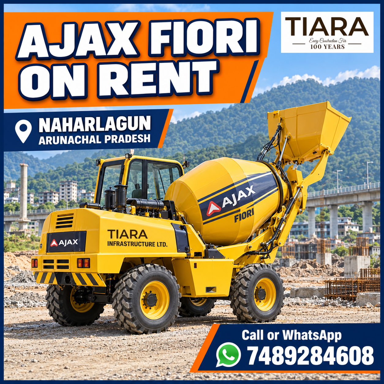 Ajax Fiori self-loading concrete mixer available for rental enquiries in Naharlagun, Arunachal Pradesh