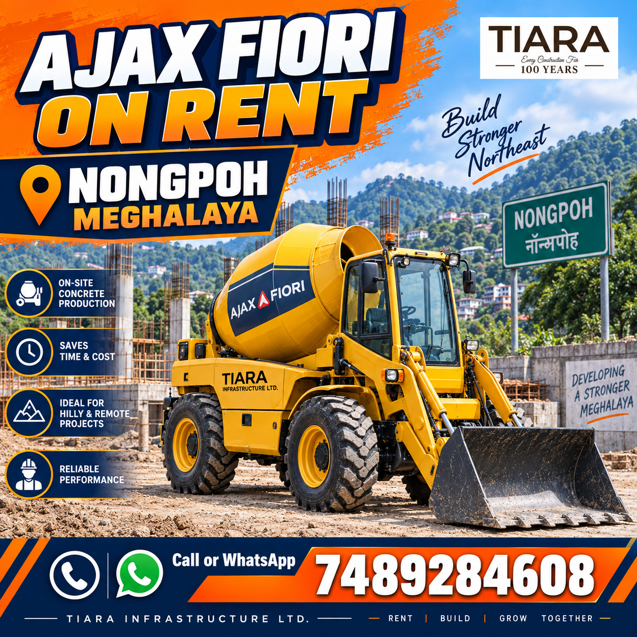 Ajax Fiori self-loading concrete mixer available for rental enquiries in Nongpoh, Meghalaya