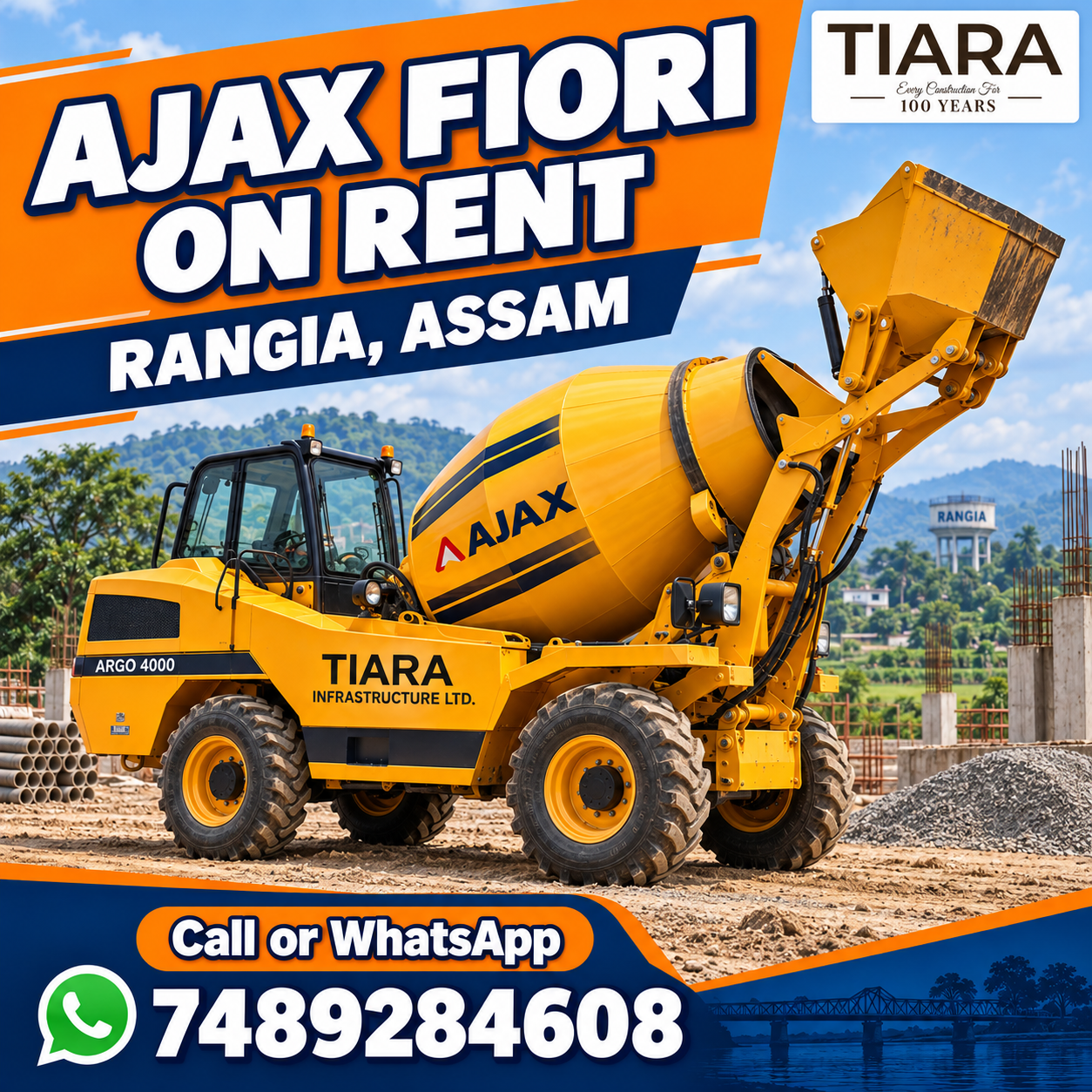 Ajax Fiori self-loading concrete mixer available for rental enquiries in Rangia, Assam