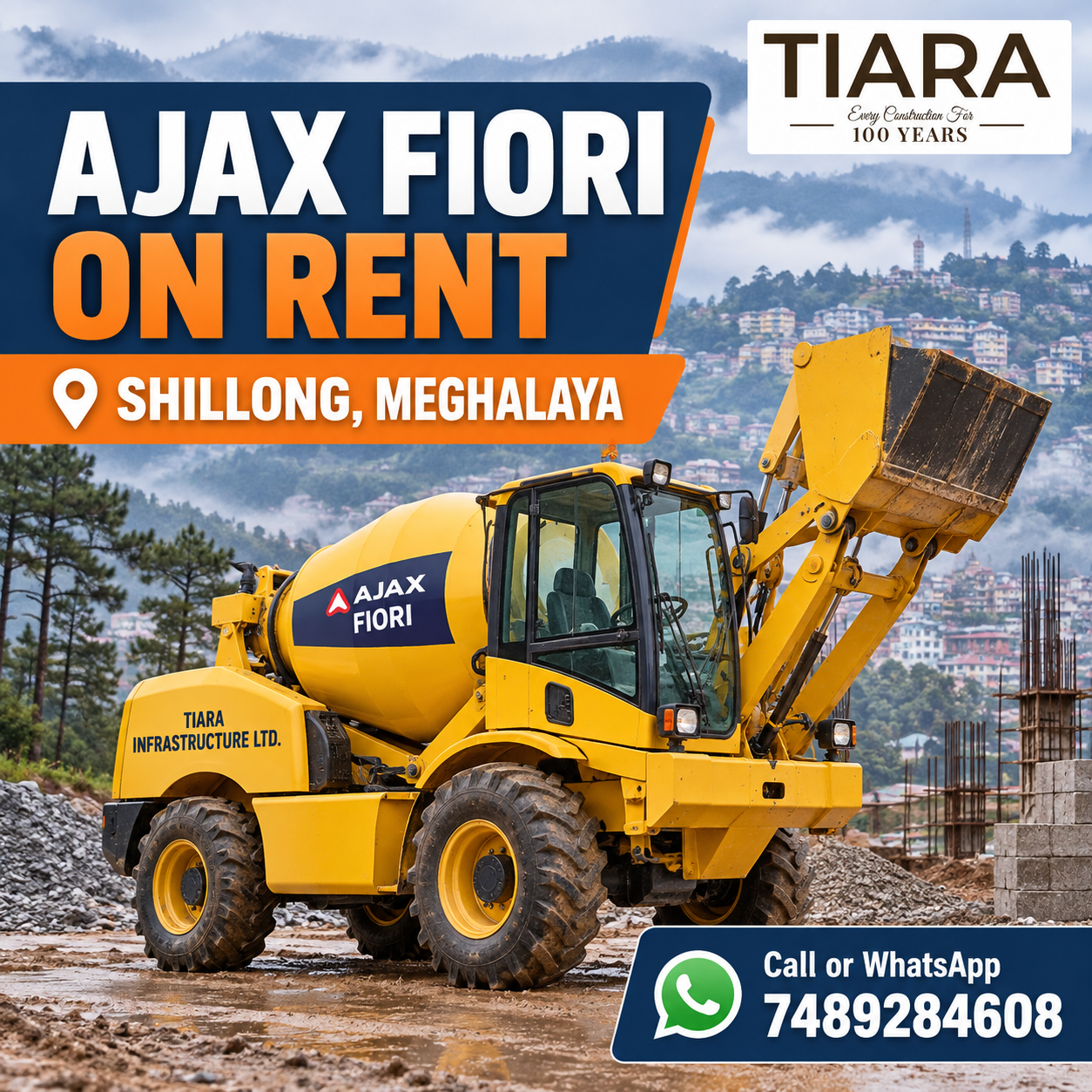 Ajax Fiori self-loading concrete mixer available for rental enquiries in Shillong, Meghalaya