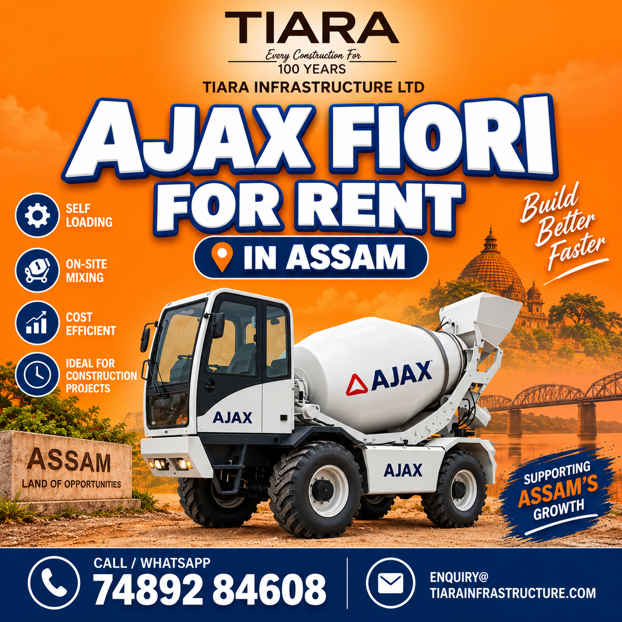 Ajax Fiori on rent in Assam and self loading concrete mixer rental