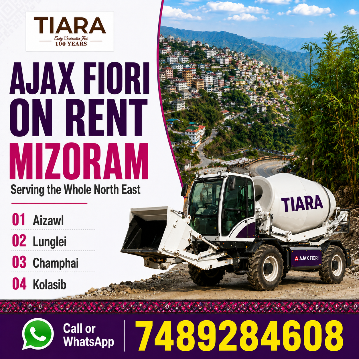 Ajax Fiori on rent in Mizoram and self loading concrete mixer rental