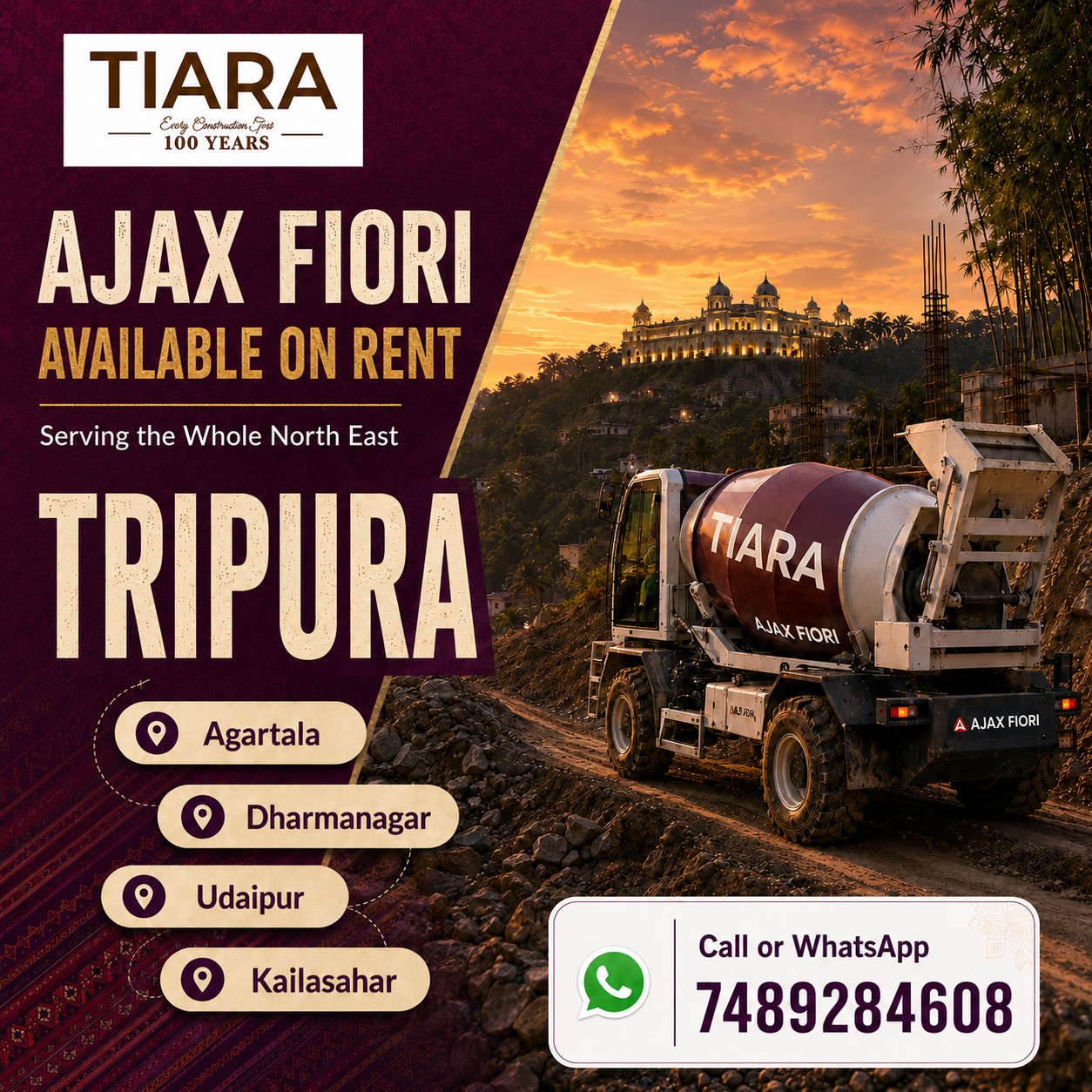 Ajax Fiori on rent in Tripura and self loading concrete mixer rental