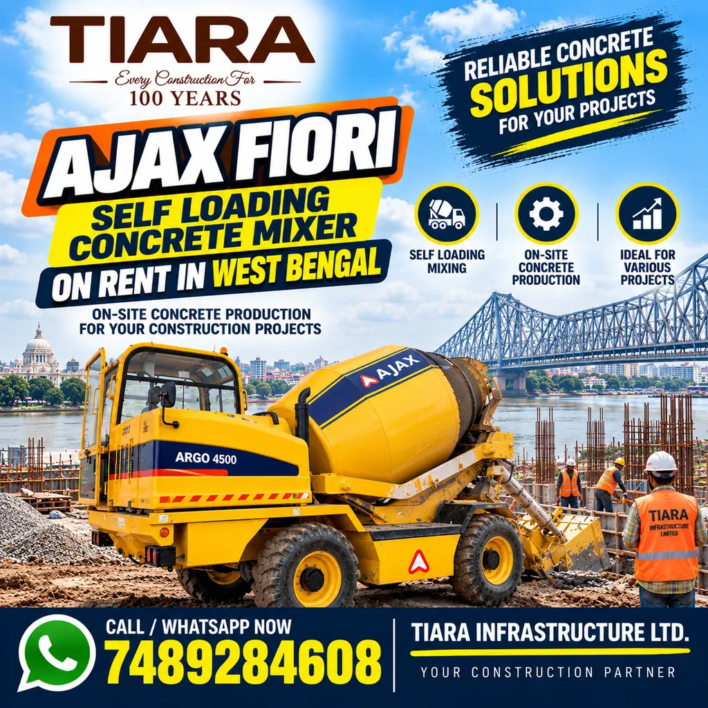 Ajax Fiori on rent in West Bengal - Self Loading Concrete Mixer yard view