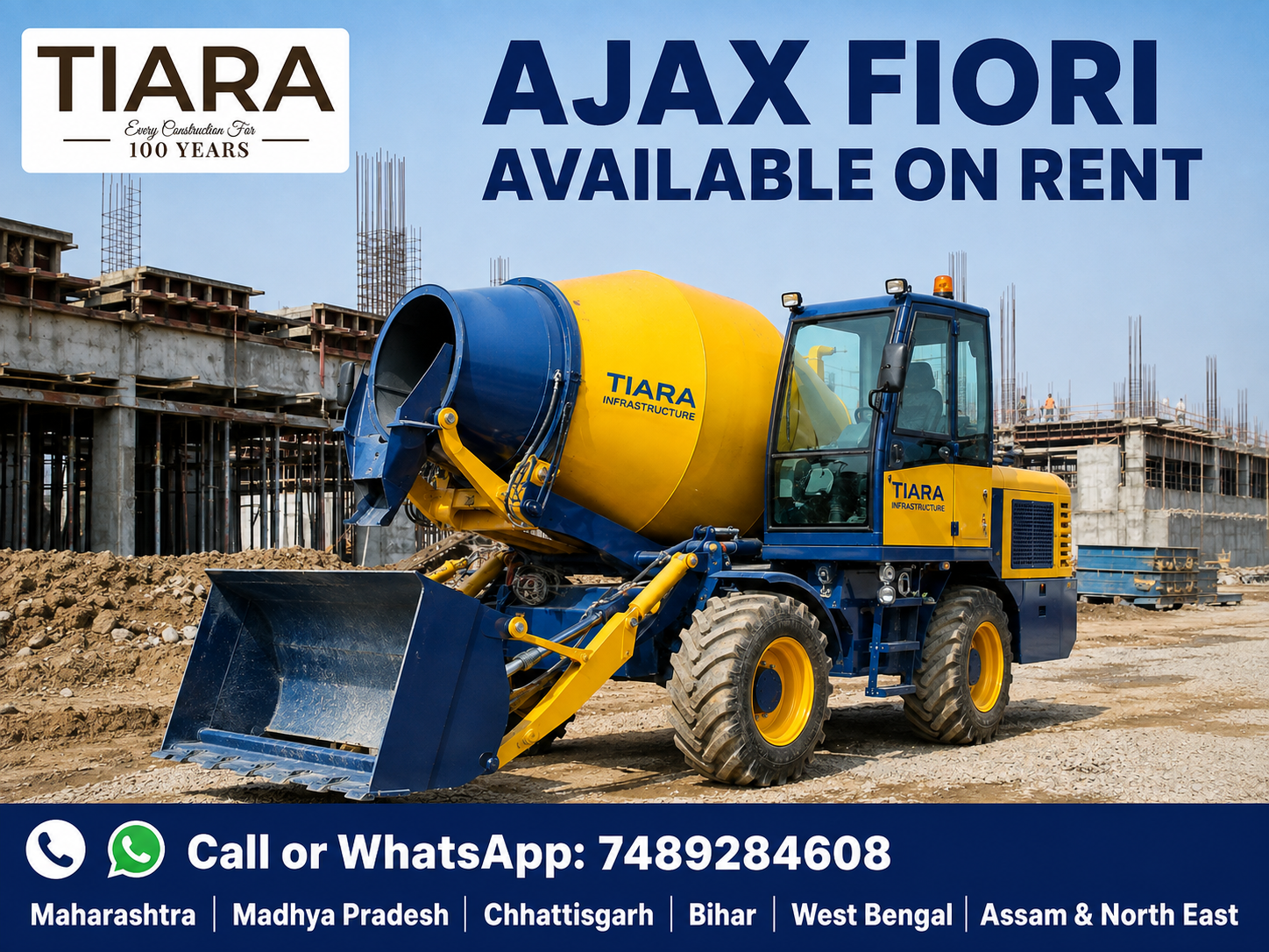 Ajax Fiori self-loading concrete mixer available on rent from Tiara Infrastructure
