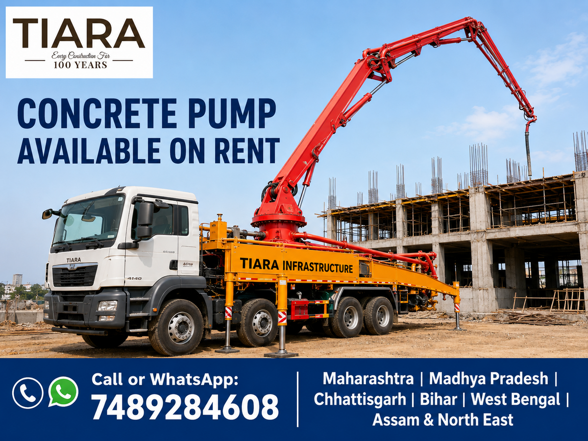 Concrete pump available on rent from Tiara Infrastructure