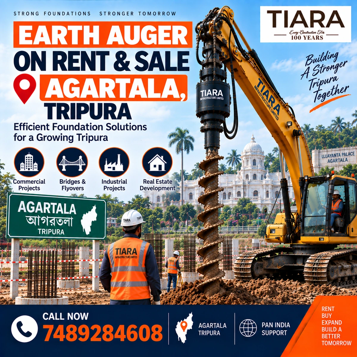 Excavator-mounted earth auger for rent and sale in Agartala, Tripura by Tiara Infrastructure Ltd