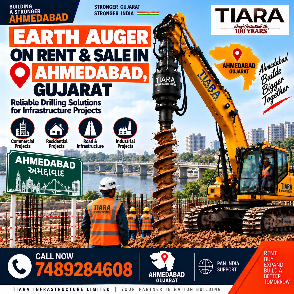 Excavator-mounted earth auger for rent and sale in Ahmedabad, Gujarat by Tiara Infrastructure Ltd