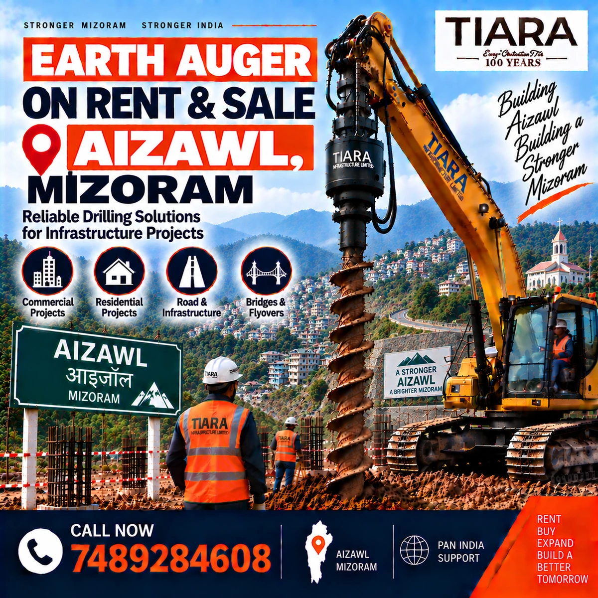 Excavator-mounted earth auger for rent and sale in Aizawl, Mizoram by Tiara Infrastructure Ltd