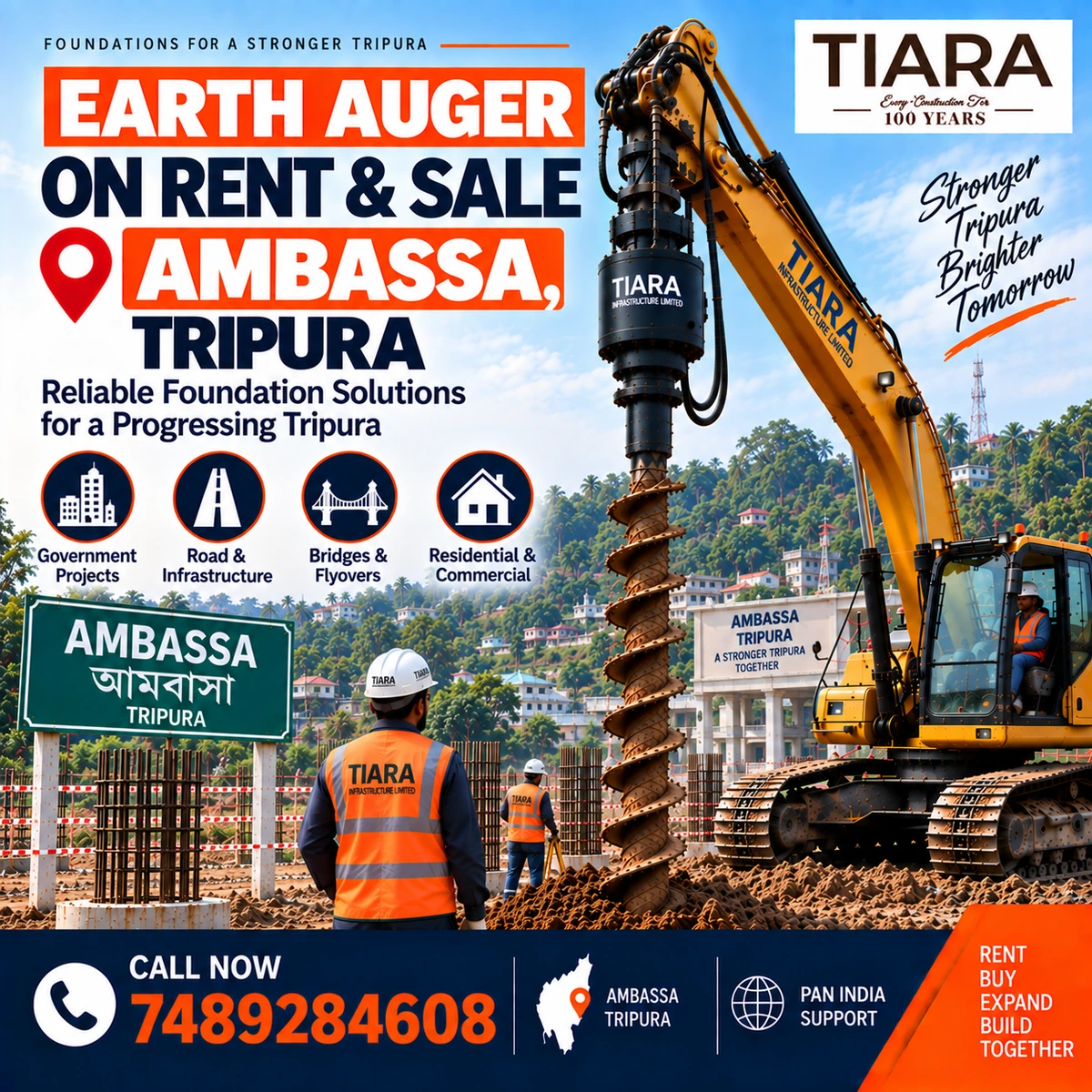 Excavator-mounted earth auger for rent and sale in Ambassa, Tripura by Tiara Infrastructure Ltd