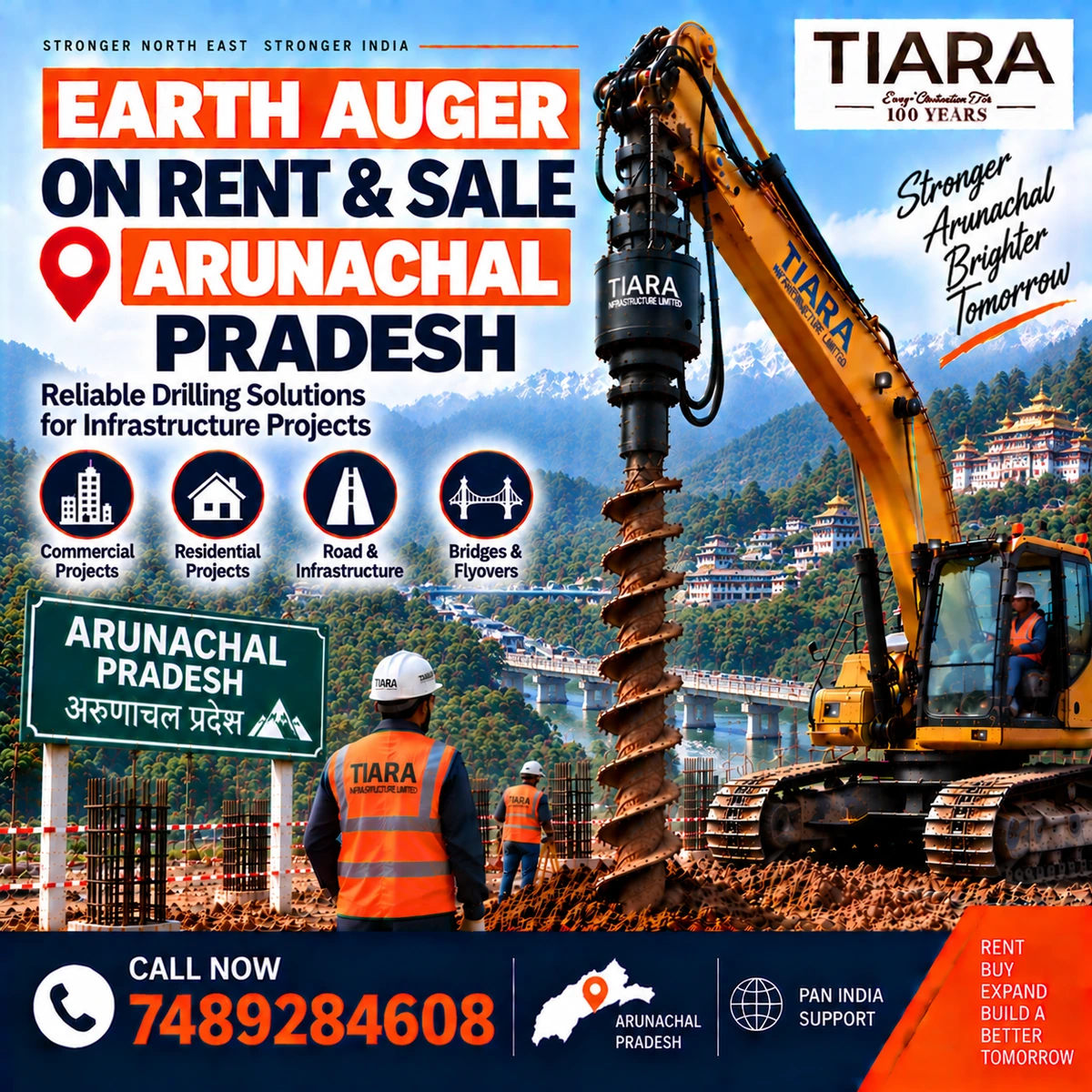 Excavator-mounted earth auger for rent and sale in Arunachal Pradesh by Tiara Infrastructure Ltd