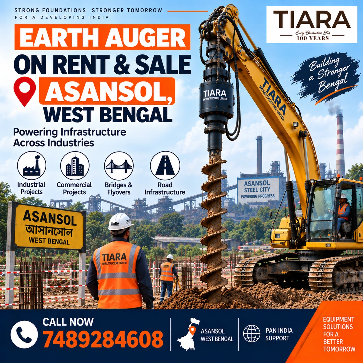 Excavator-mounted earth auger for rent and sale in Asansol, West Bengal by Tiara Infrastructure Ltd
