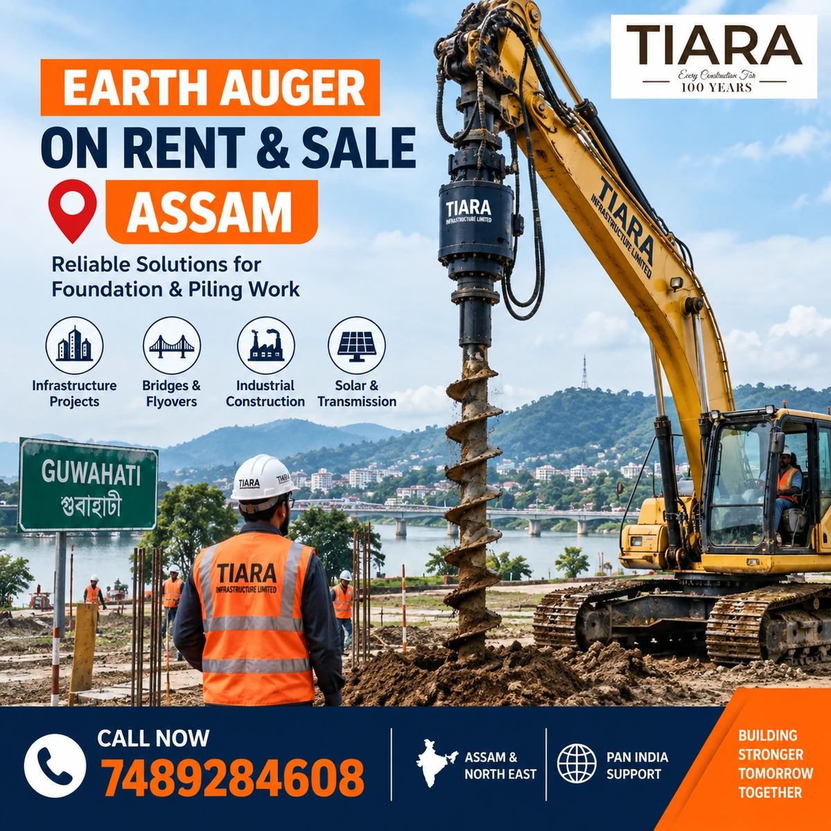 Excavator-mounted earth auger for rent and sale in Assam by Tiara Infrastructure Ltd