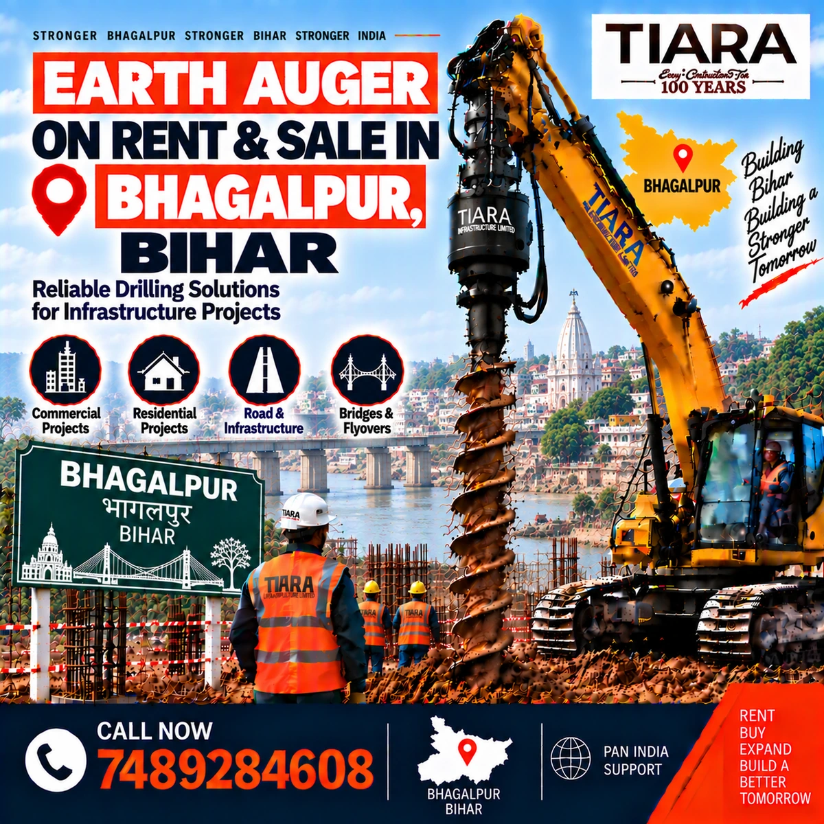 Excavator-mounted earth auger for rent and sale in Bhagalpur, Bihar by Tiara Infrastructure Ltd