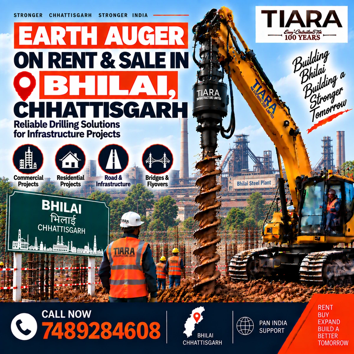Excavator-mounted earth auger for rent and sale in Bhilai, Chhattisgarh by Tiara Infrastructure Ltd