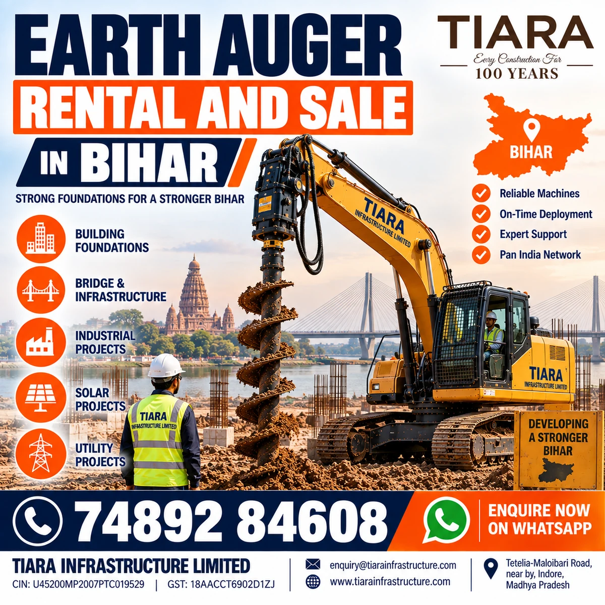 Excavator-mounted earth auger for rent and sale in Bihar by Tiara Infrastructure Ltd