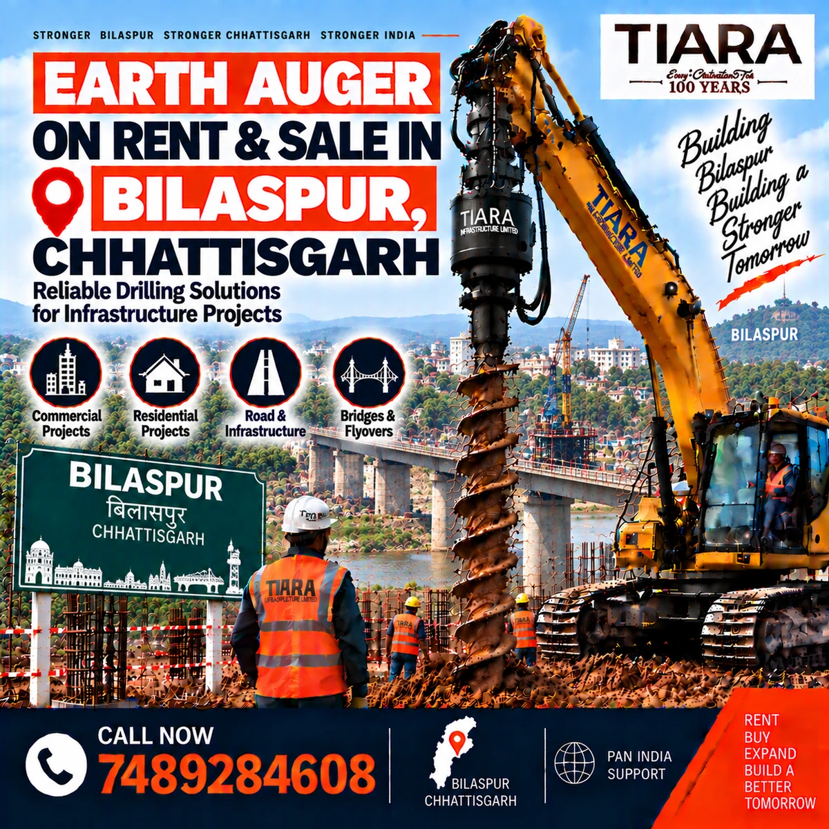 Excavator-mounted earth auger for rent and sale in Bilaspur, Chhattisgarh by Tiara Infrastructure Ltd