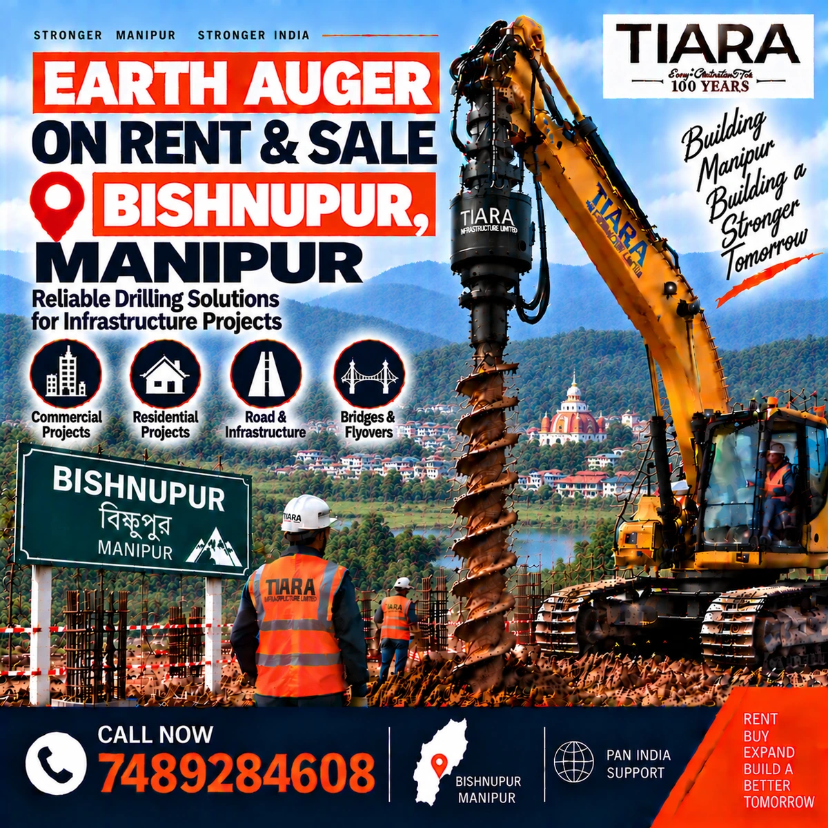 Excavator-mounted earth auger for rent and sale in Bishnupur, Manipur by Tiara Infrastructure Ltd