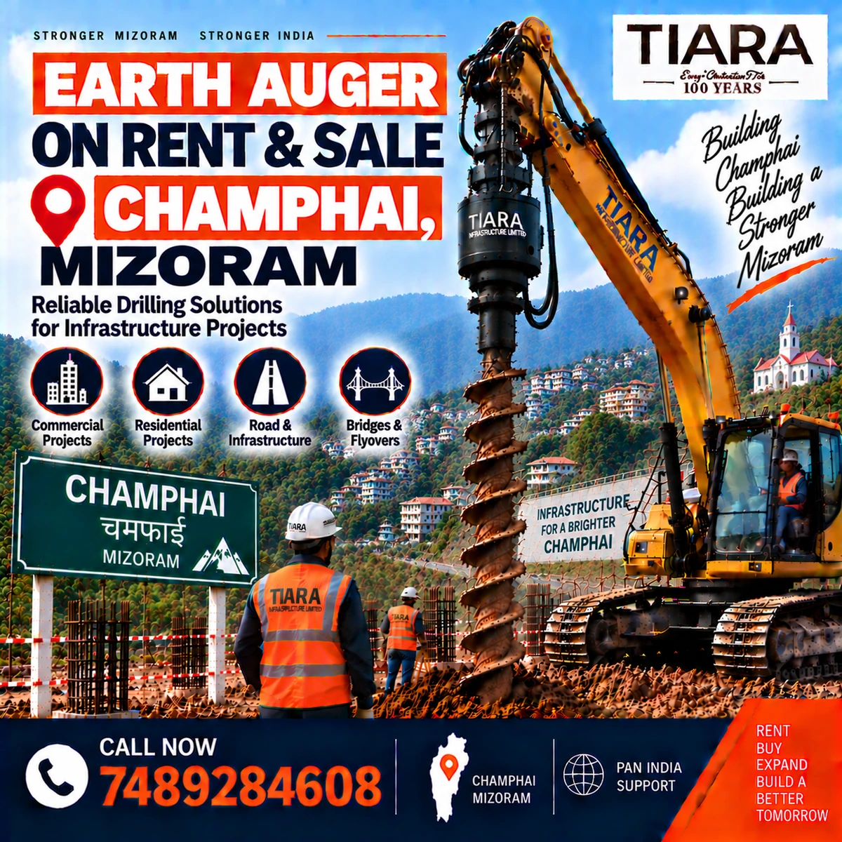 Excavator-mounted earth auger for rent and sale in Champhai, Mizoram by Tiara Infrastructure Ltd
