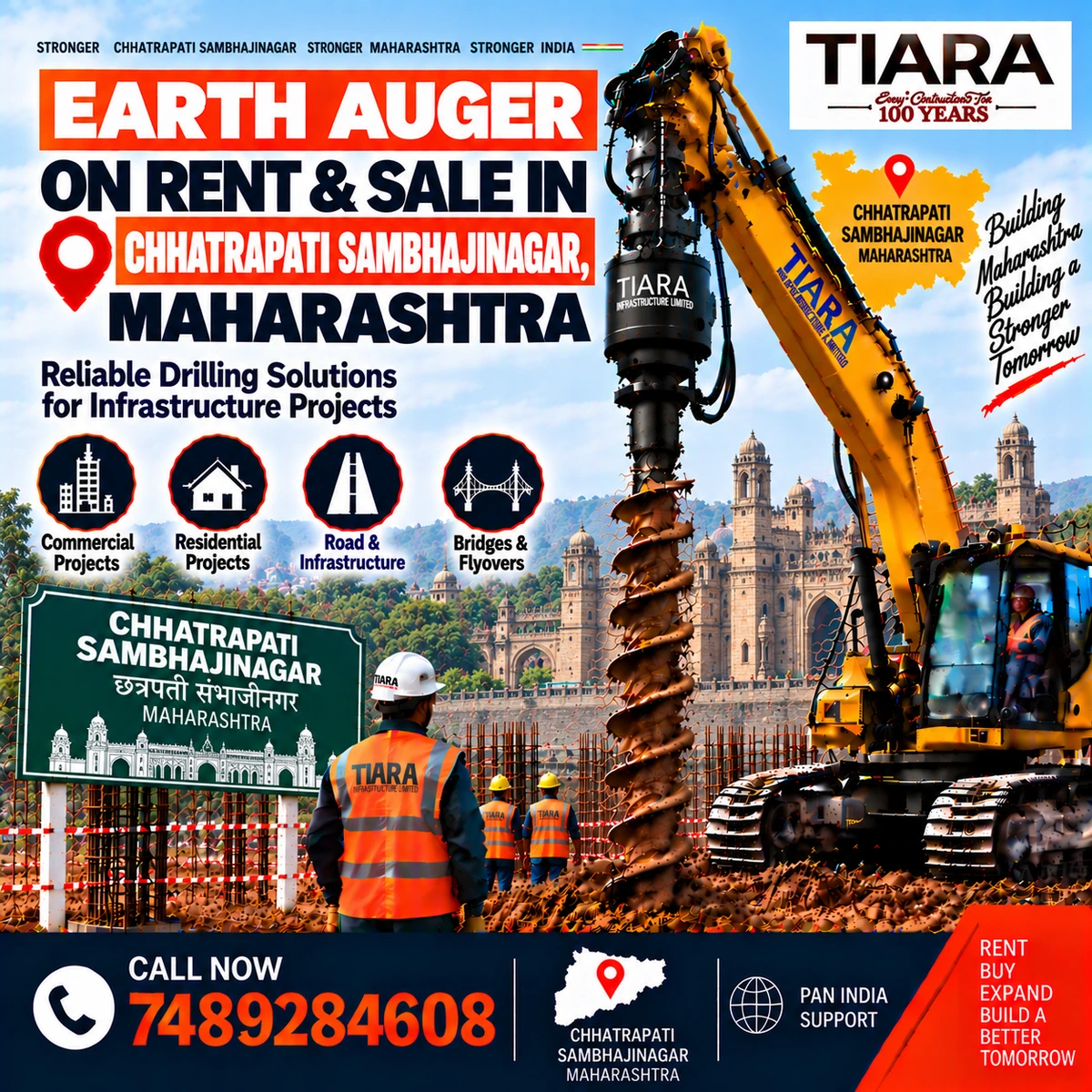 Excavator-mounted earth auger for rent and sale in Chhatrapati Sambhajinagar, Maharashtra by Tiara Infrastructure Ltd