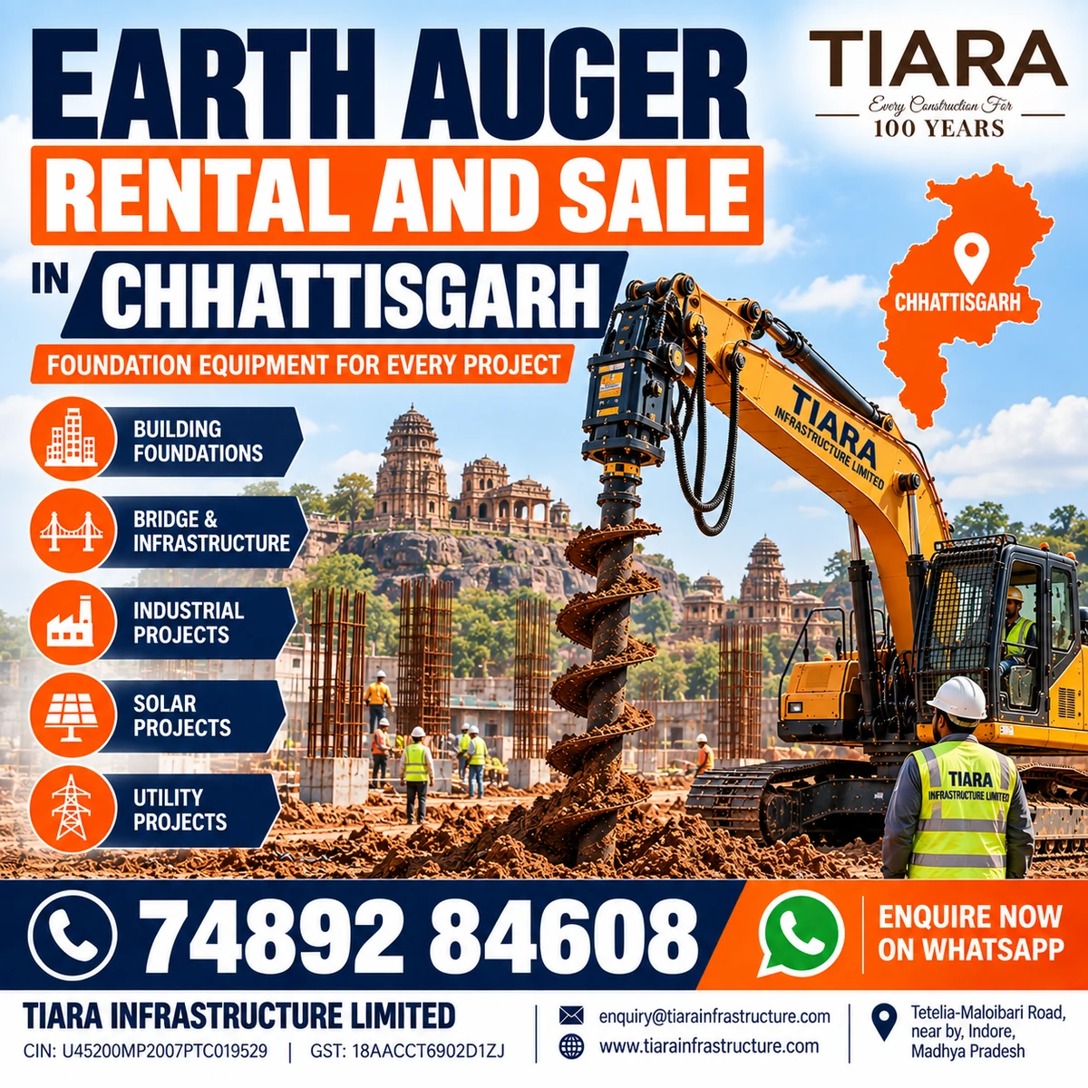 Excavator-mounted earth auger for rent and sale in Chhattisgarh by Tiara Infrastructure Ltd