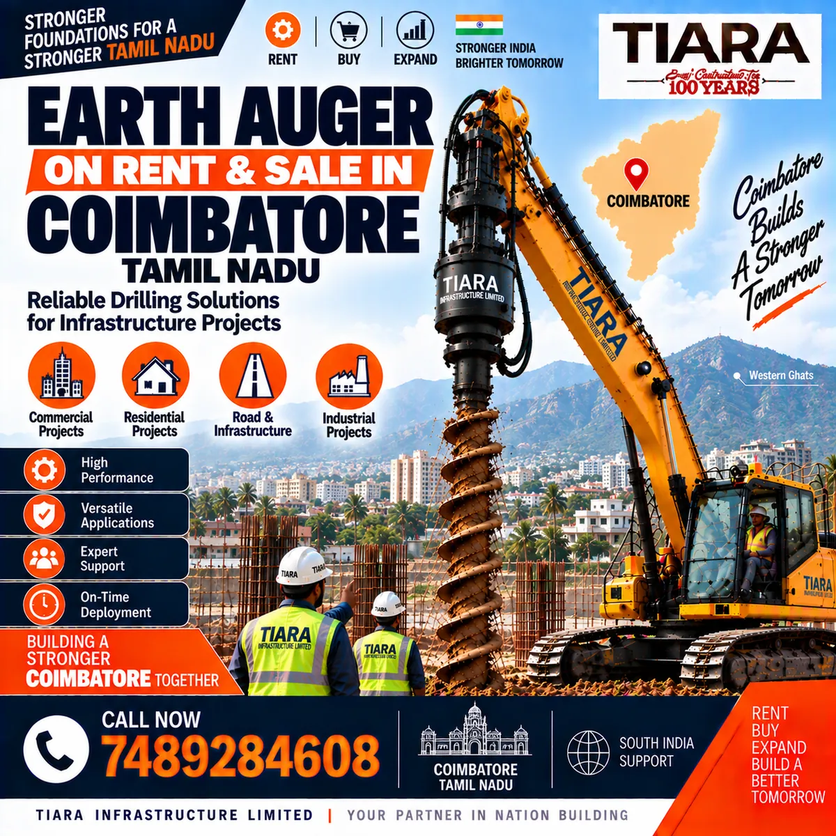Excavator-mounted earth auger for rent and sale in Coimbatore, Tamil Nadu by Tiara Infrastructure Ltd
