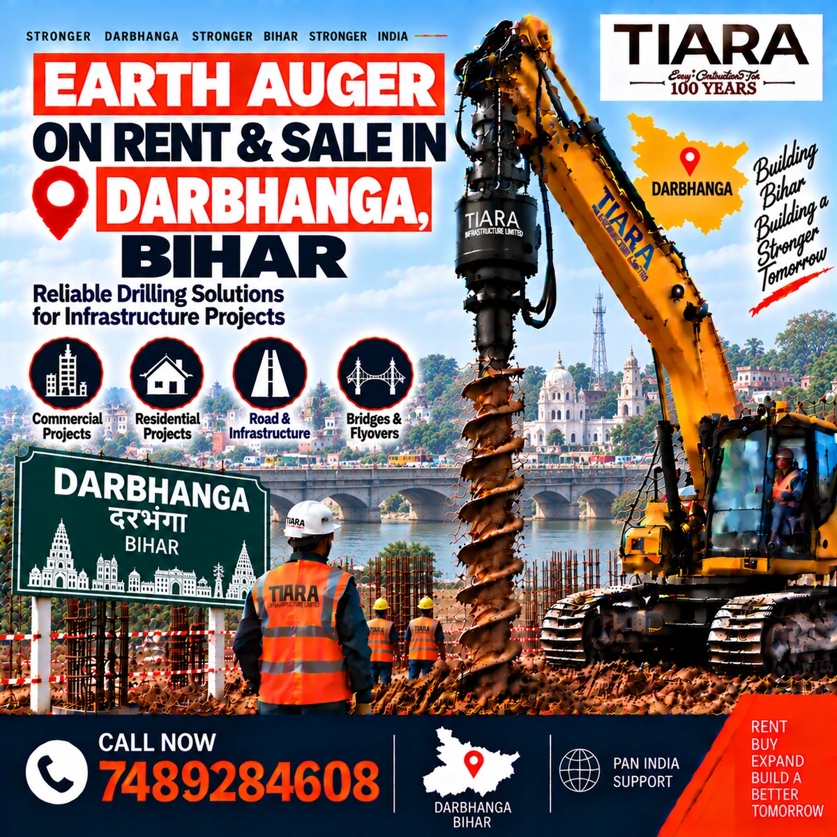 Excavator-mounted earth auger for rent and sale in Darbhanga, Bihar by Tiara Infrastructure Ltd