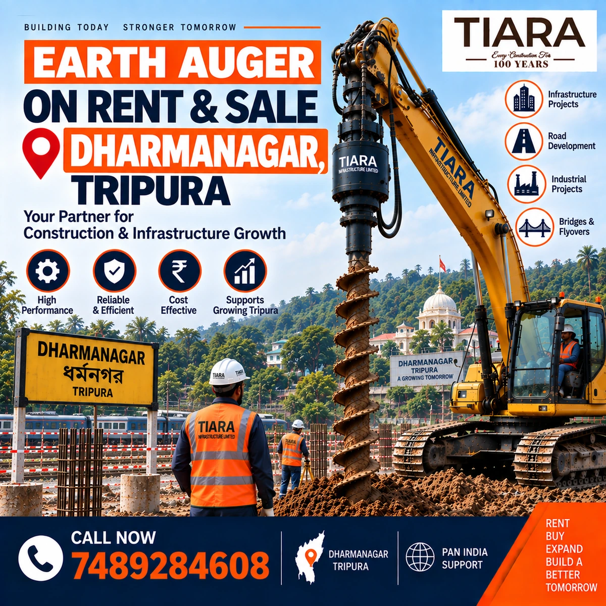 Excavator-mounted earth auger for rent and sale in Dharmanagar, Tripura by Tiara Infrastructure Ltd