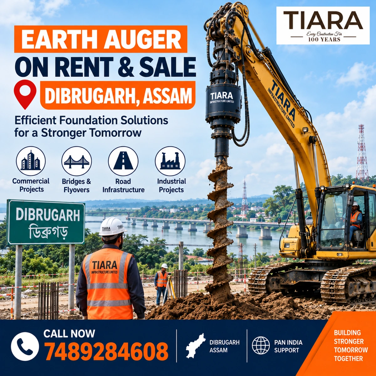 Excavator-mounted earth auger for rent and sale in Dibrugarh, Assam by Tiara Infrastructure Ltd