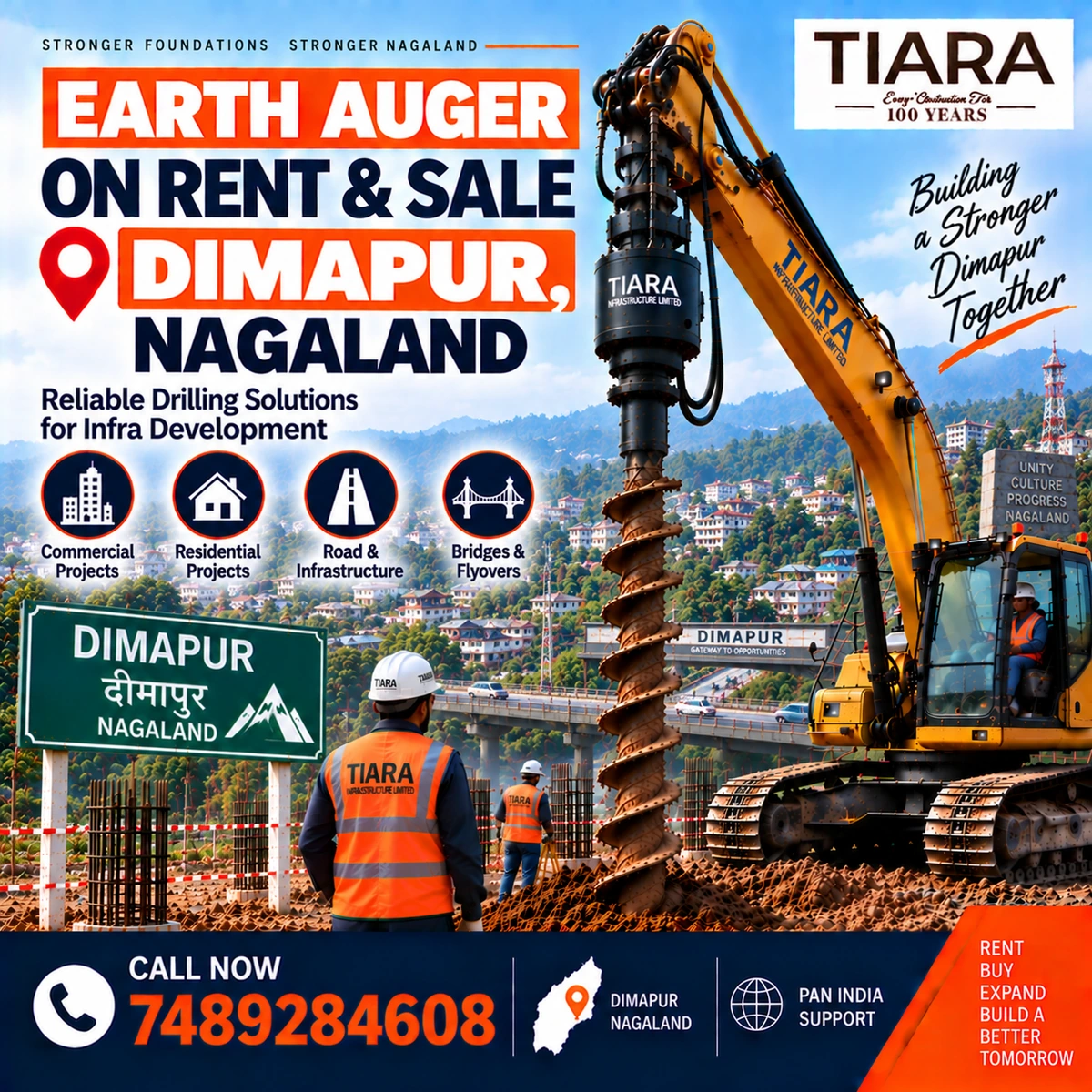 Excavator-mounted earth auger for rent and sale in Dimapur, Nagaland by Tiara Infrastructure Ltd