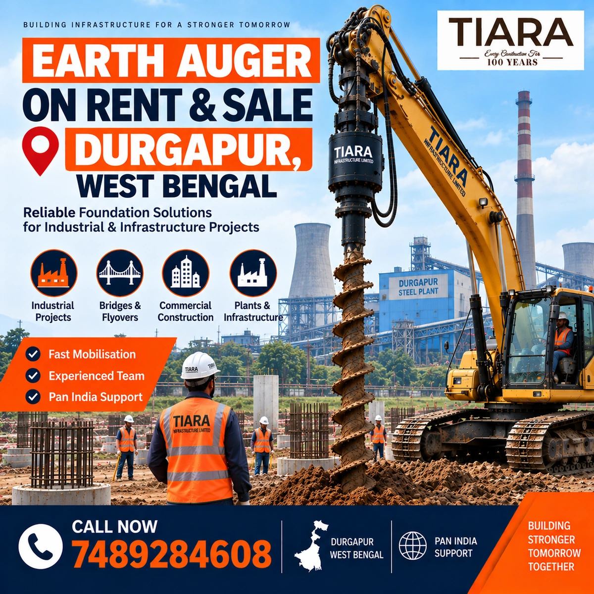 Excavator-mounted earth auger for rent and sale in Durgapur, West Bengal by Tiara Infrastructure Ltd