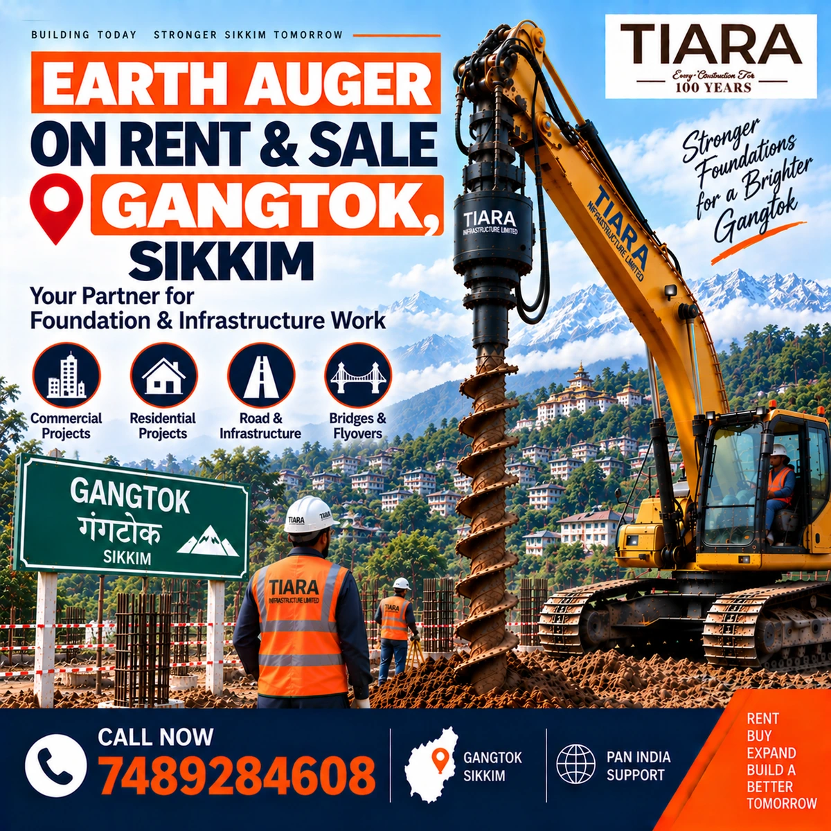 Excavator-mounted earth auger for rent and sale in Gangtok, Sikkim by Tiara Infrastructure Ltd