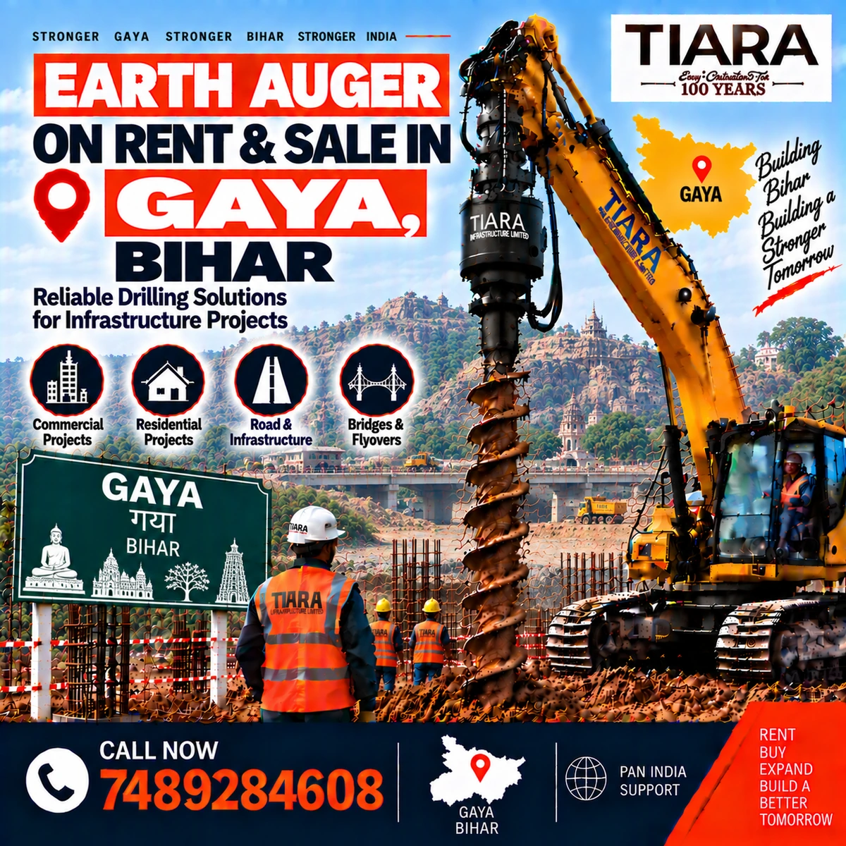 Excavator-mounted earth auger for rent and sale in Gaya, Bihar by Tiara Infrastructure Ltd