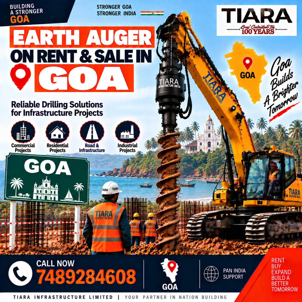 Excavator-mounted earth auger for rent and sale in Goa by Tiara Infrastructure Ltd