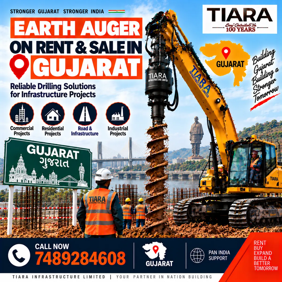 Excavator-mounted earth auger for rent and sale in Gujarat by Tiara Infrastructure Ltd