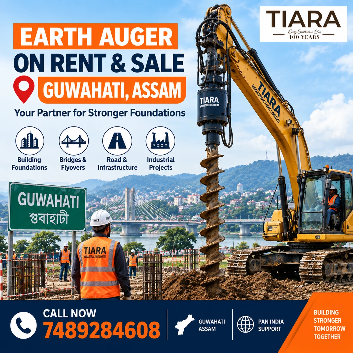 Excavator-mounted earth auger for rent and sale in Guwahati, Assam by Tiara Infrastructure Ltd