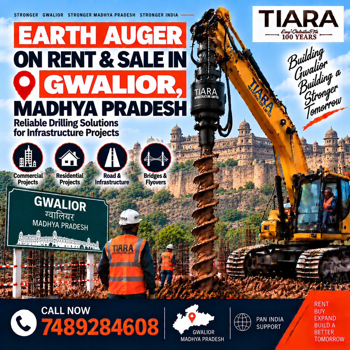 Excavator-mounted earth auger for rent and sale in Gwalior, Madhya Pradesh by Tiara Infrastructure Ltd