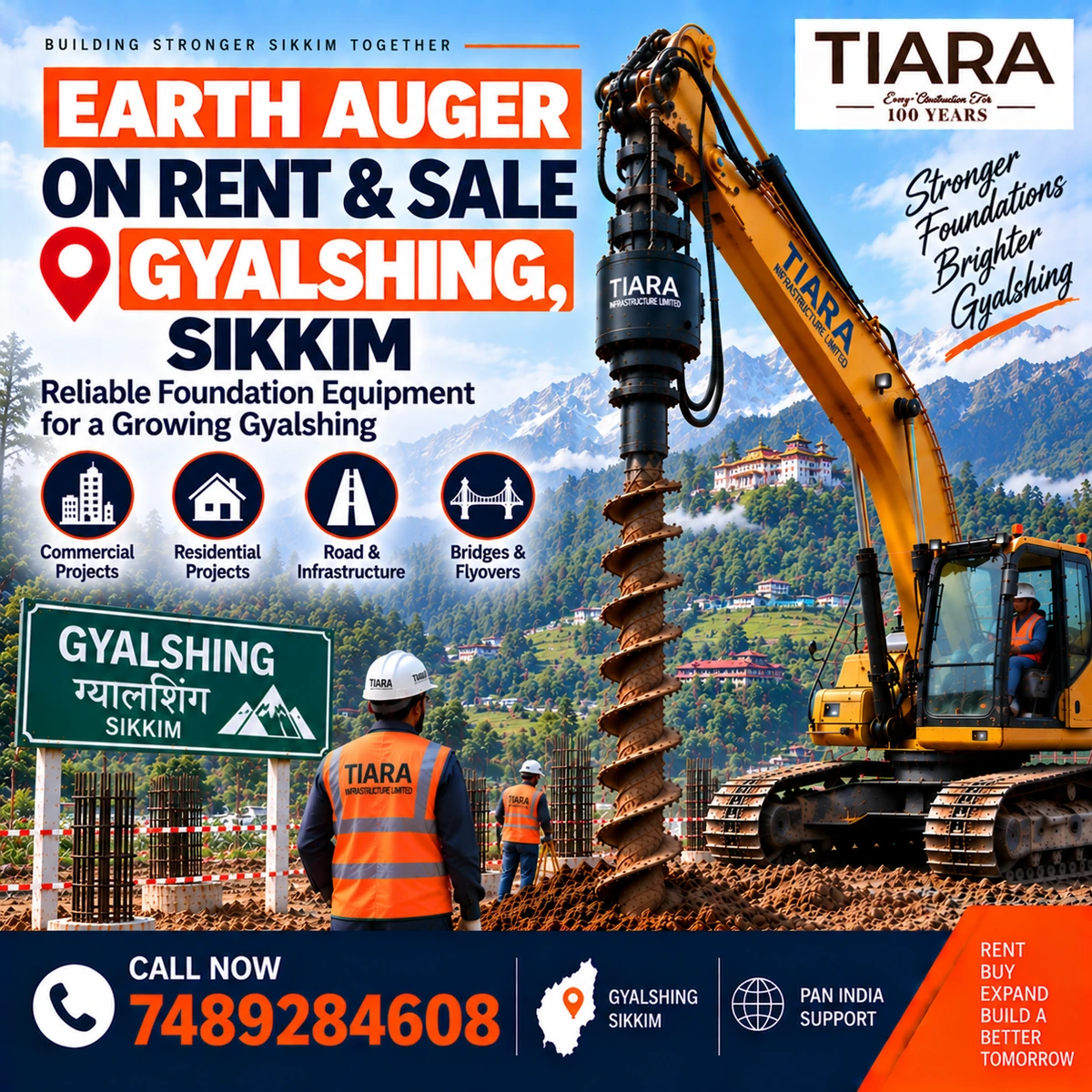 Excavator-mounted earth auger for rent and sale in Gyalshing, Sikkim by Tiara Infrastructure Ltd