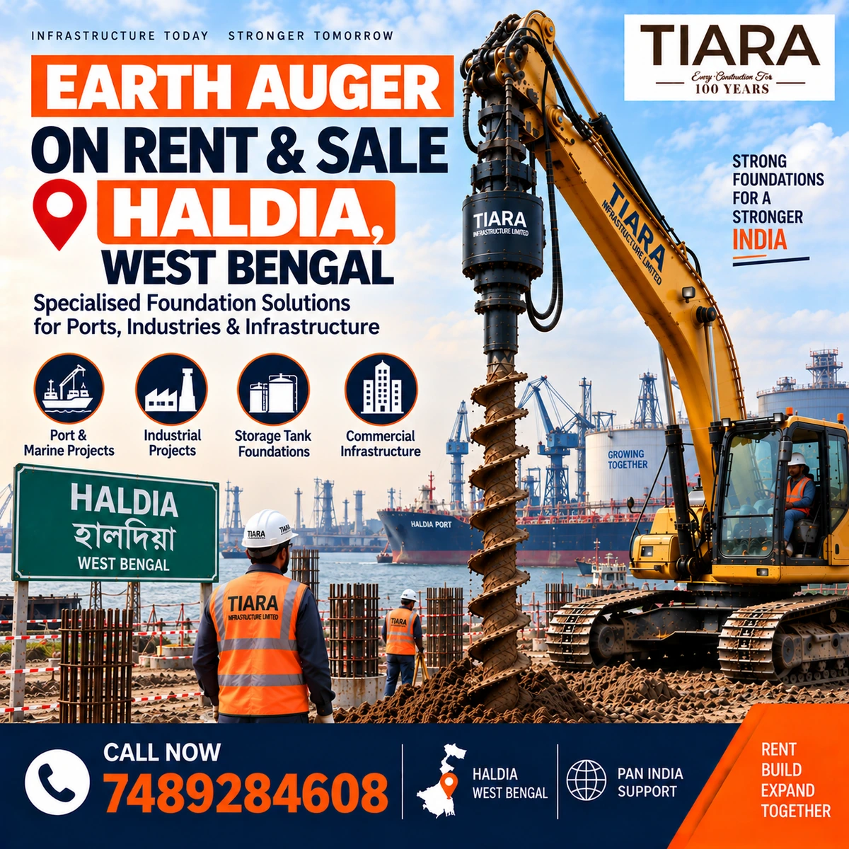 Excavator-mounted earth auger for rent and sale in Haldia, West Bengal by Tiara Infrastructure Ltd