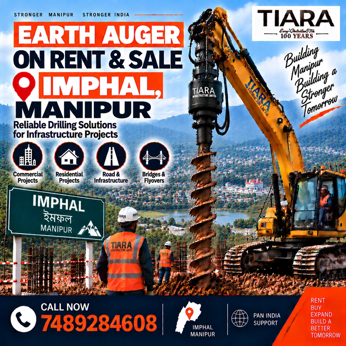 Excavator-mounted earth auger for rent and sale in Imphal, Manipur by Tiara Infrastructure Ltd
